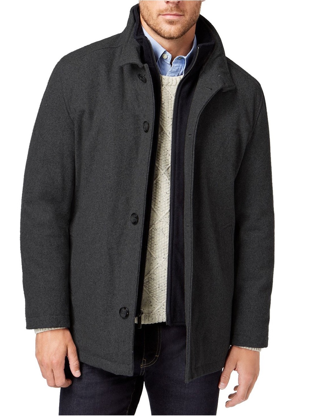 London Fog Men's Charcoal Wool Blend Button-Front Coat - Classic Layering Piece